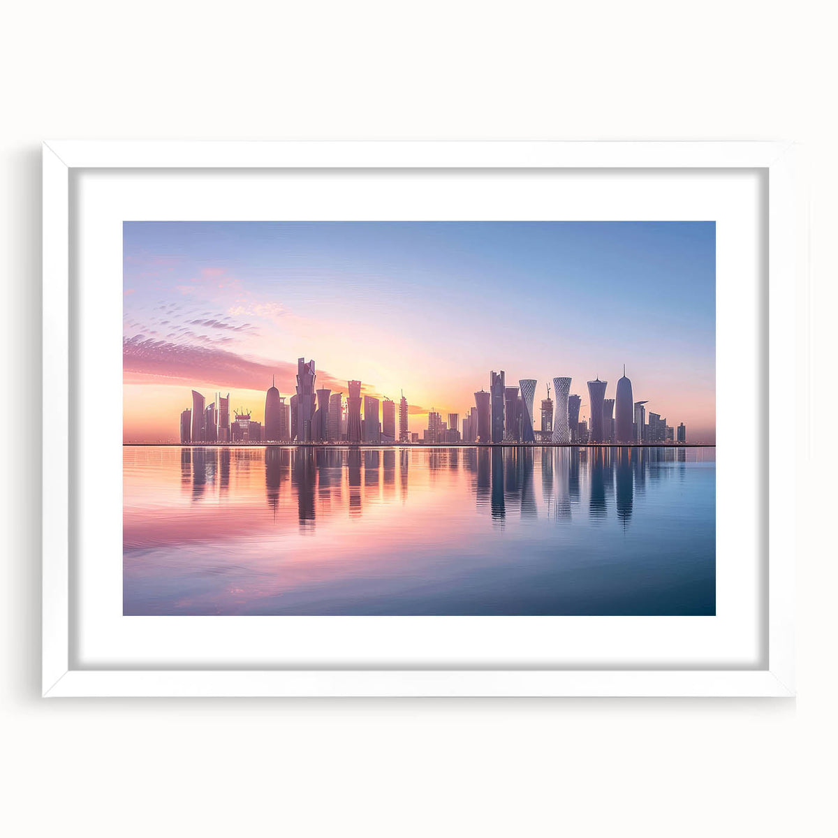 Abstract art print of a Middle Eastern Qatar scenery in muted earth tones on a white matted frame.