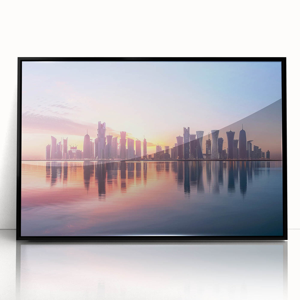 Large abstract wall art depicting a Qatar scenery in muted earth tones on a framed acrylic.
