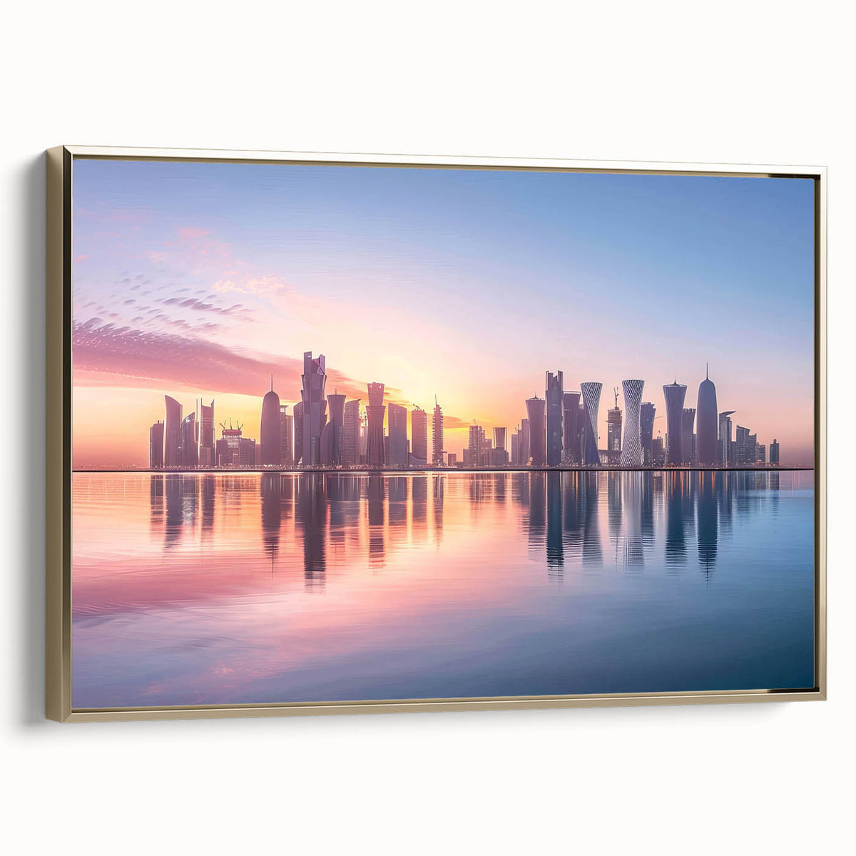 Framed canvas depicting a vintage-style landscape of Qatar with muted gold and black tones, ideal for bedroom wall decor.