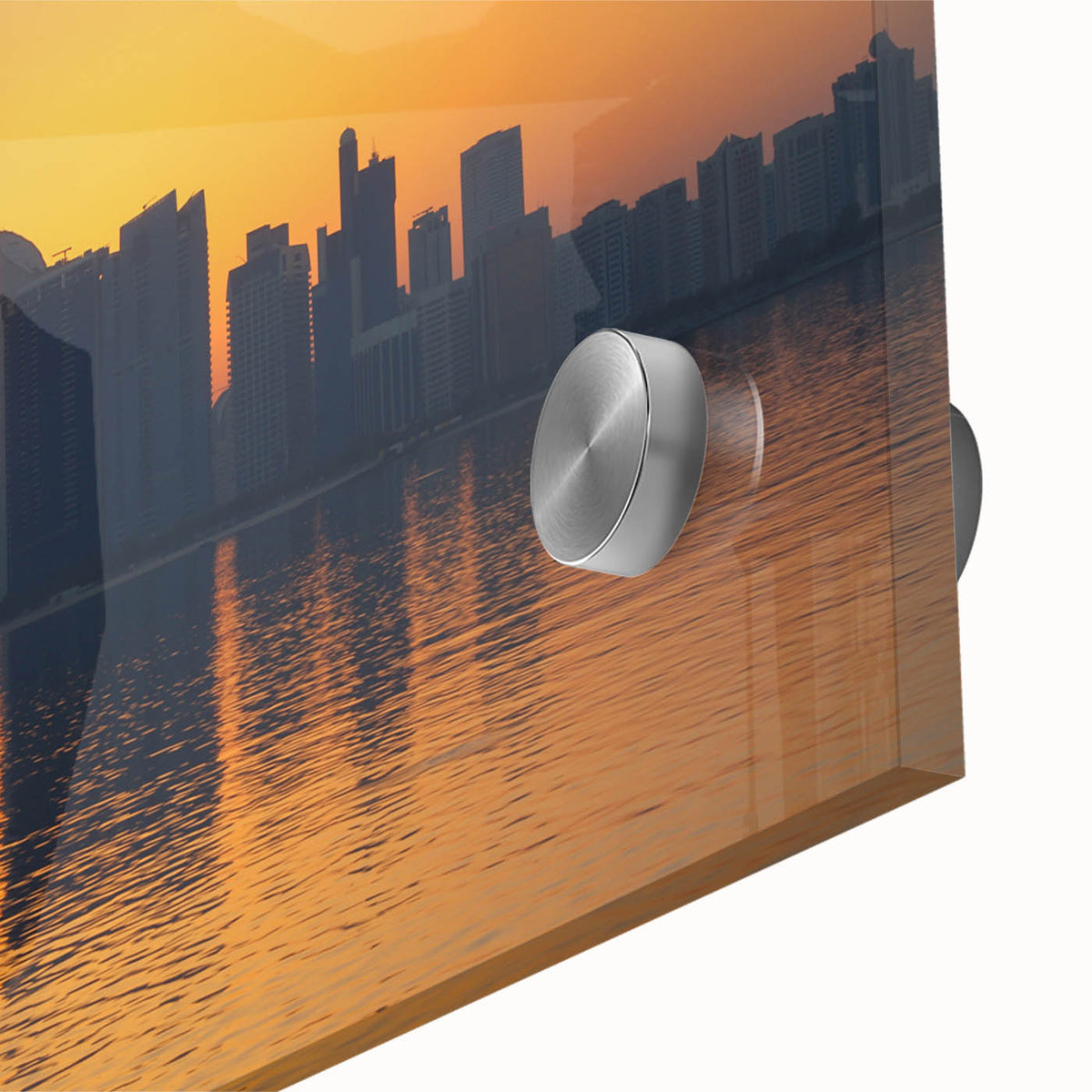 Large abstract wall art of the Abu Dhabi skyline in muted earth tones on acrylic glass, ideal for dining room art.