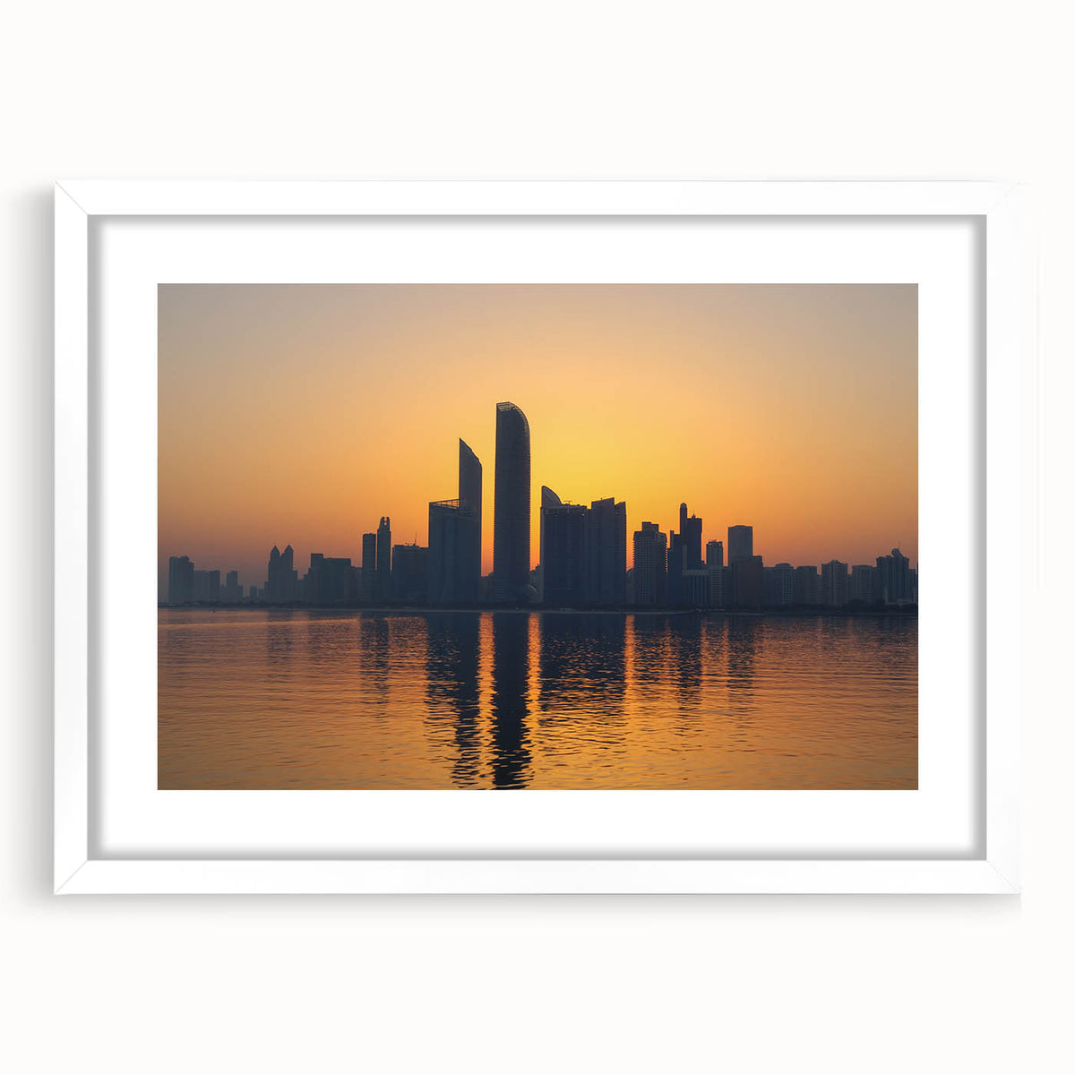 Abstract art print of Abu Dhabi skyline in muted blue and white tones on a framed canvas, suitable for dining room decor.