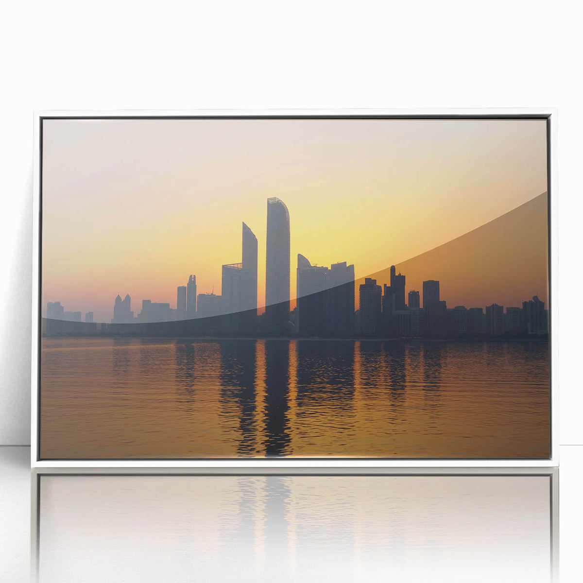 Art deco style poster of Abu Dhabi skyline in muted gray and blue tones on framed acrylic, ideal for modern bedroom ambiance.