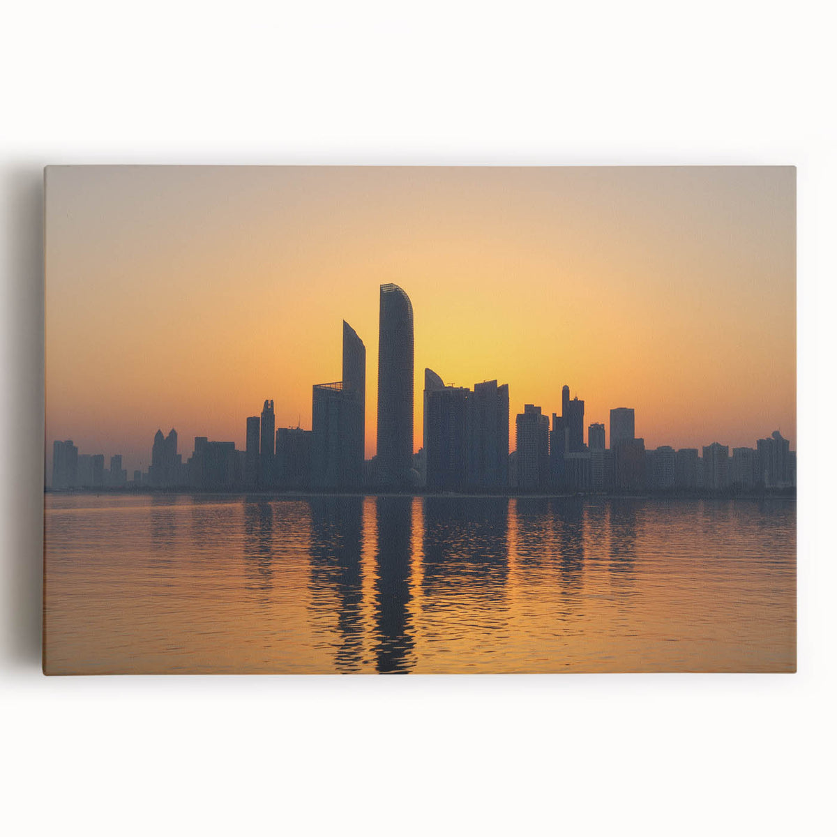Black and white stretched canvas featuring a panoramic view of Abu Dhabi skyline, ideal for kitchen wall art.