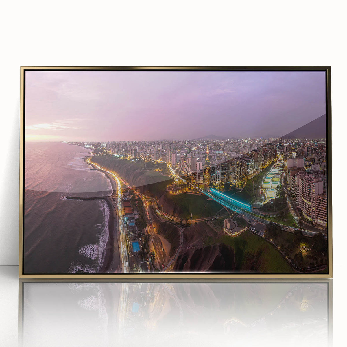Acrylic print of a Peruvian landscape in muted earth tones, framed in gold, suitable for modern art wall decor.