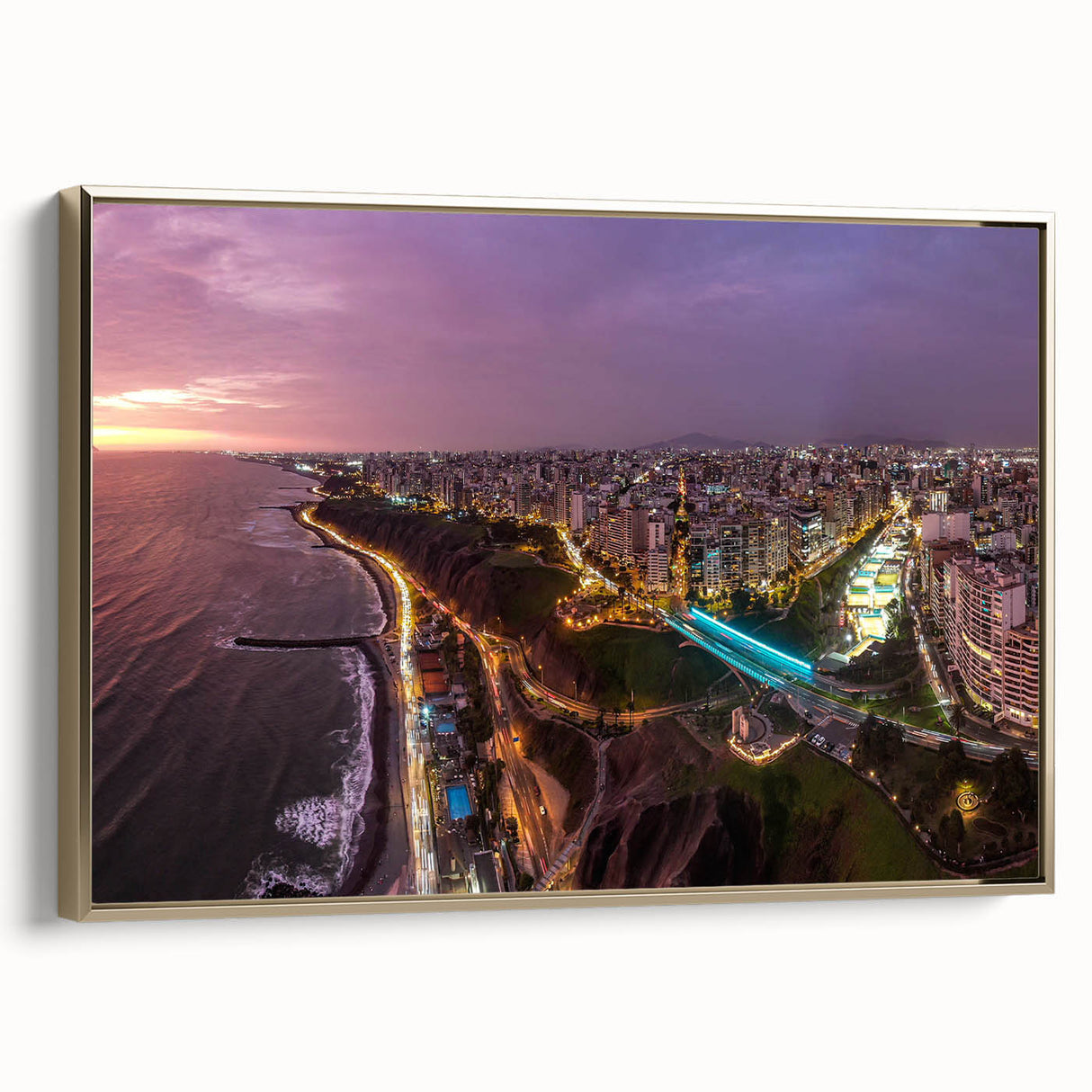 Framed canvas of a vintage-style landscape painting depicting a Peruvian scenery, in muted earth tones.
