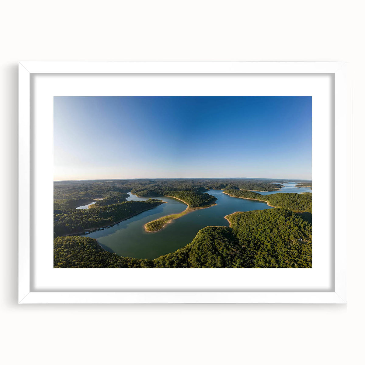 Abstract art print of Arkansas scenery in muted earth tones, framed with a white mat, suitable for dining room decor.