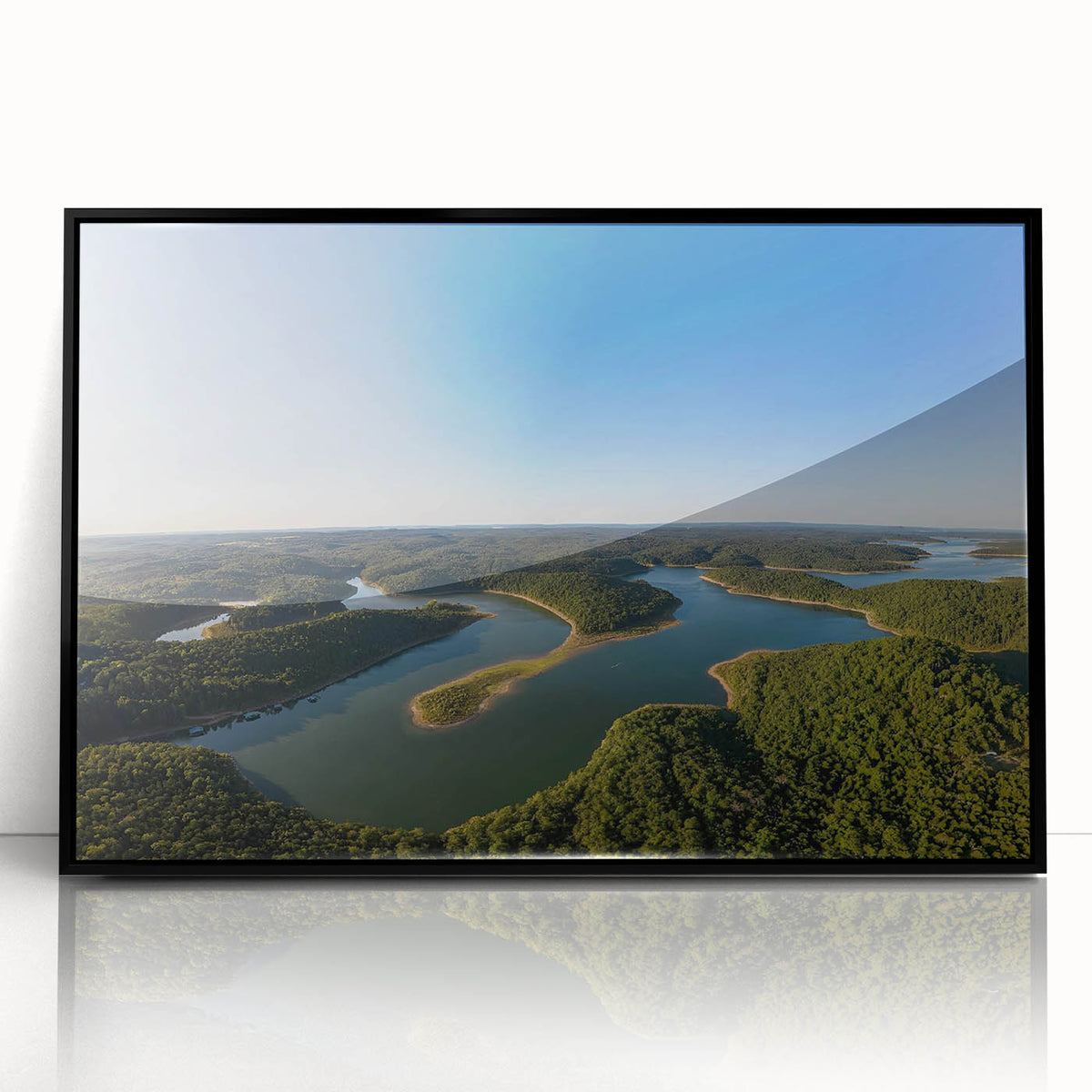 Large abstract wall art depicting a colorful Arkansas landscape on a black framed acrylic.