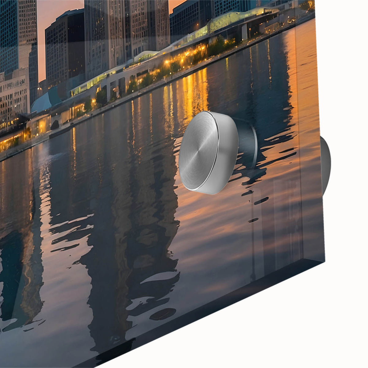 Large abstract wall art depicting the Detroit skyline in muted gray and blue tones on acrylic glass.