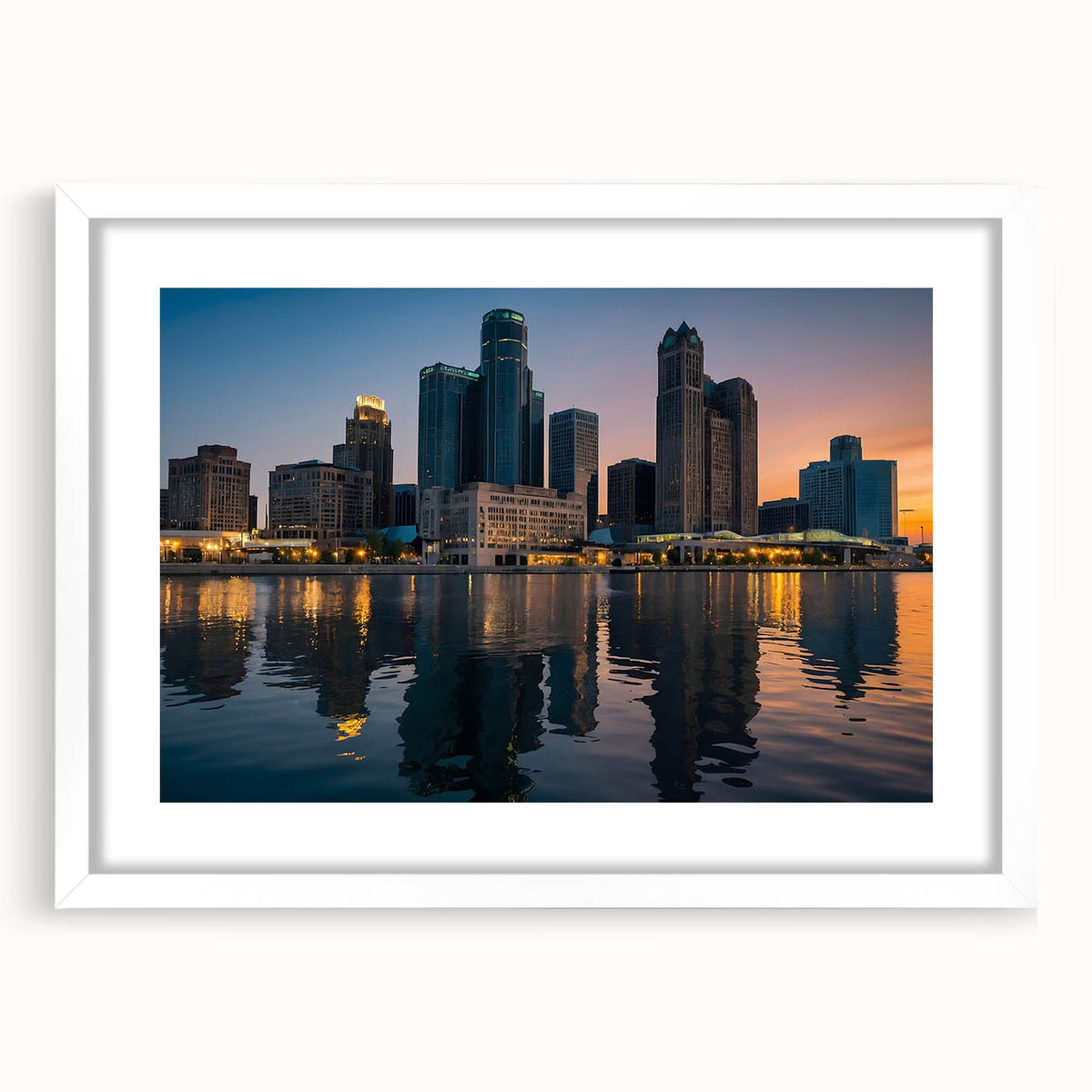 Abstract art print of Detroit skyline in muted gray and blue tones on a framed white mat, suitable for dining room decor.