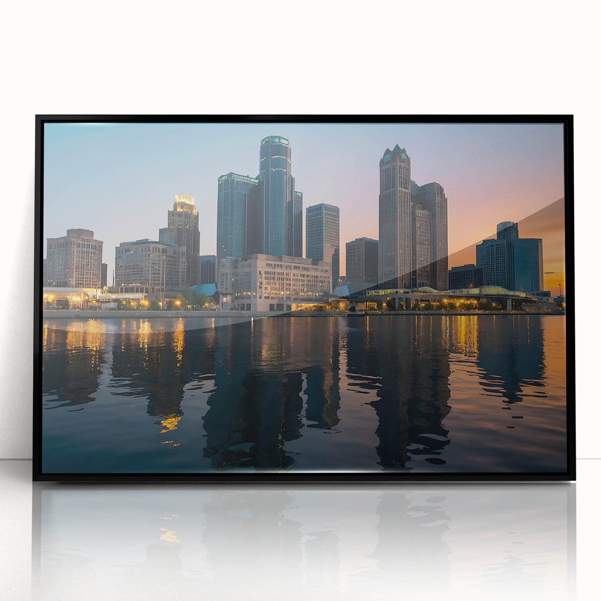 Large abstract wall art of Detroit skyline in muted gray and blue tones on a framed acrylic.