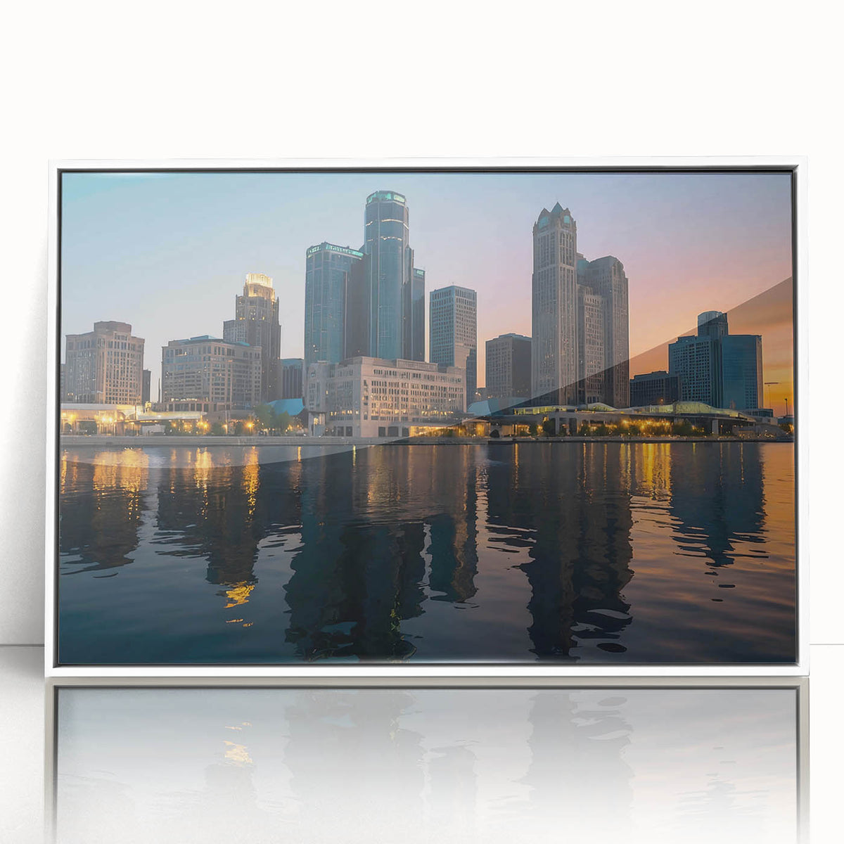 Art Deco style poster of Detroit skyline in muted gray and blue tones, framed acrylic print, ideal for modern art wall decor.