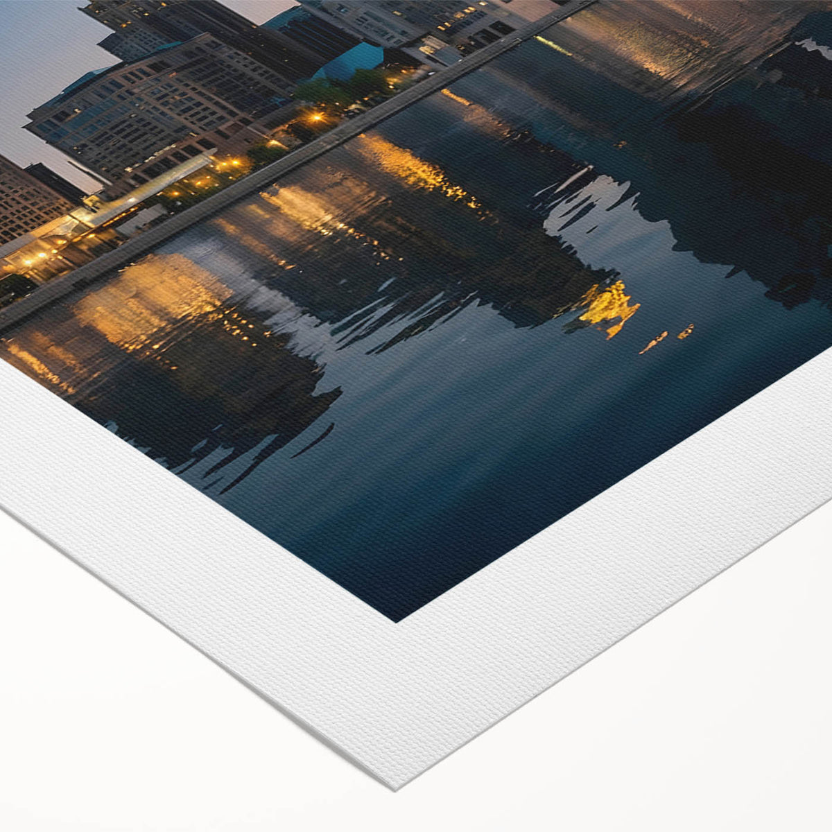 Art deco poster of Detroit skyline in monochrome shades on rolled canvas, suitable for dining room wall art.