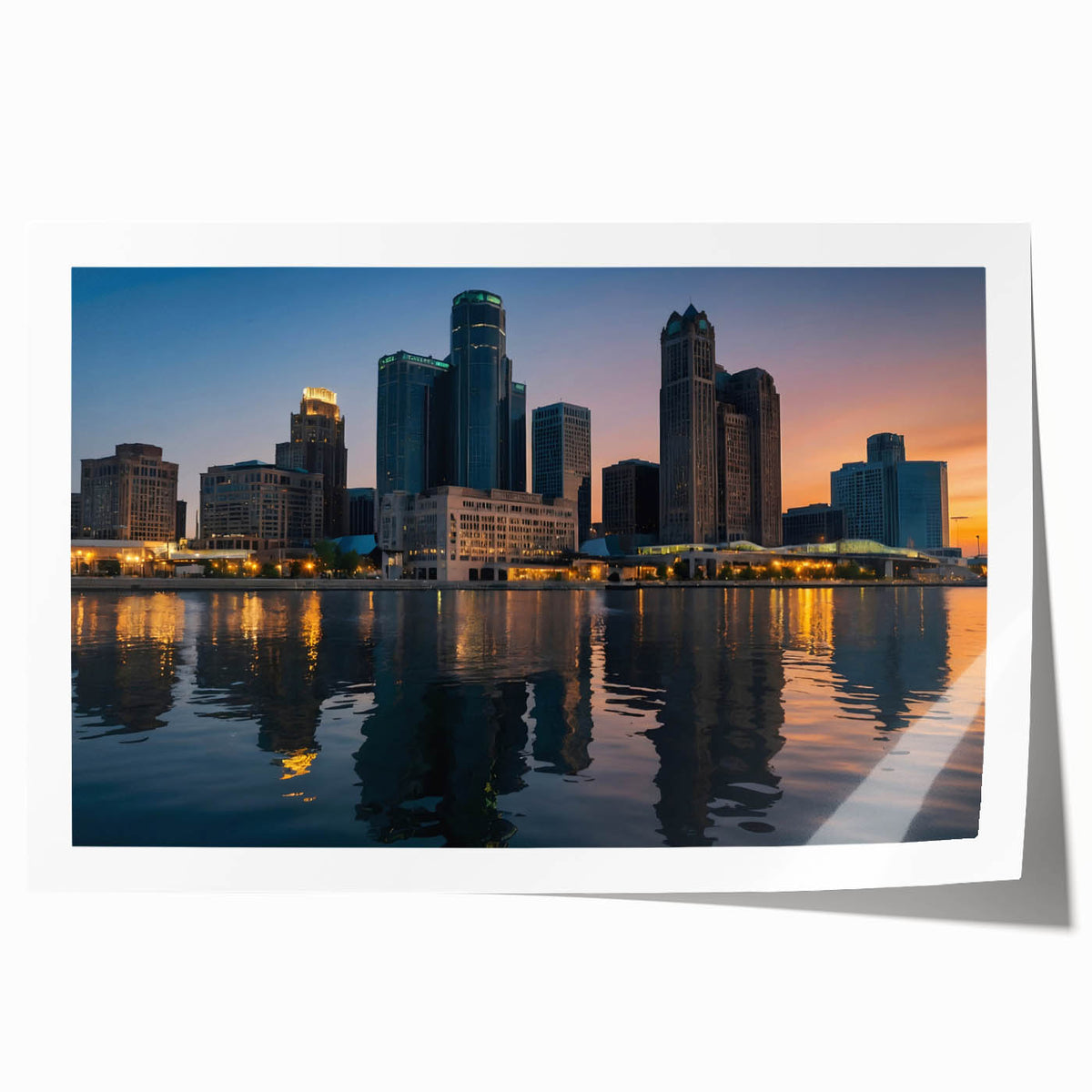 Rolled print of Detroit skyline in muted gray and blue tones, ideal for art wall dining room.