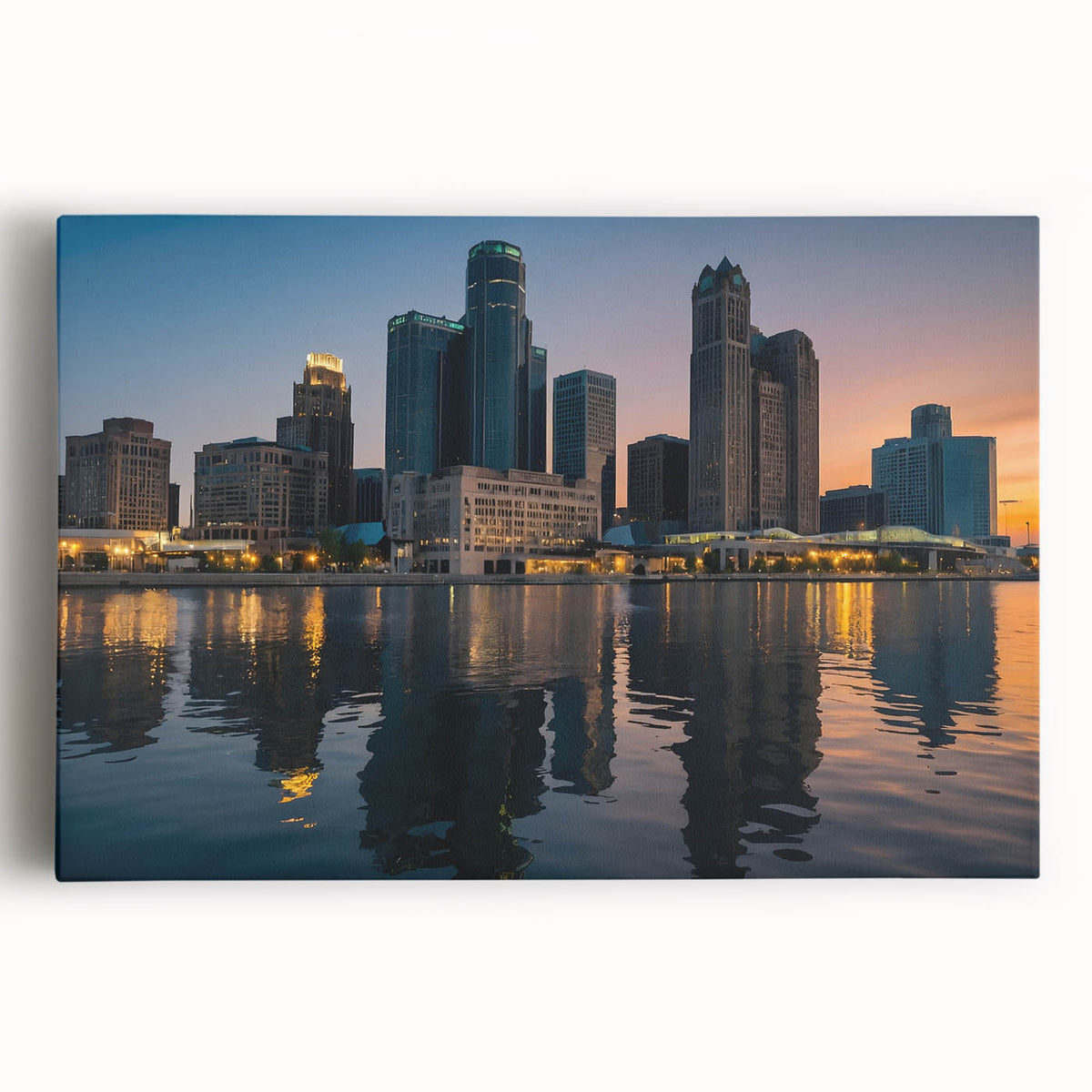 Black and white stretched canvas of Detroit skyline, ideal for kitchen wall art.