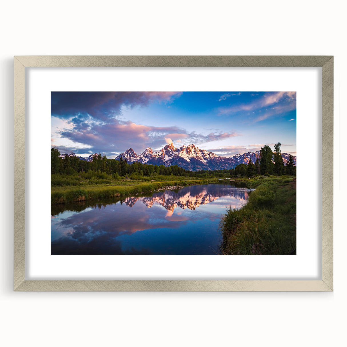 Textured art print of the Grand Tetons in muted earth tones on a framed silver mat, suitable for bedroom art.