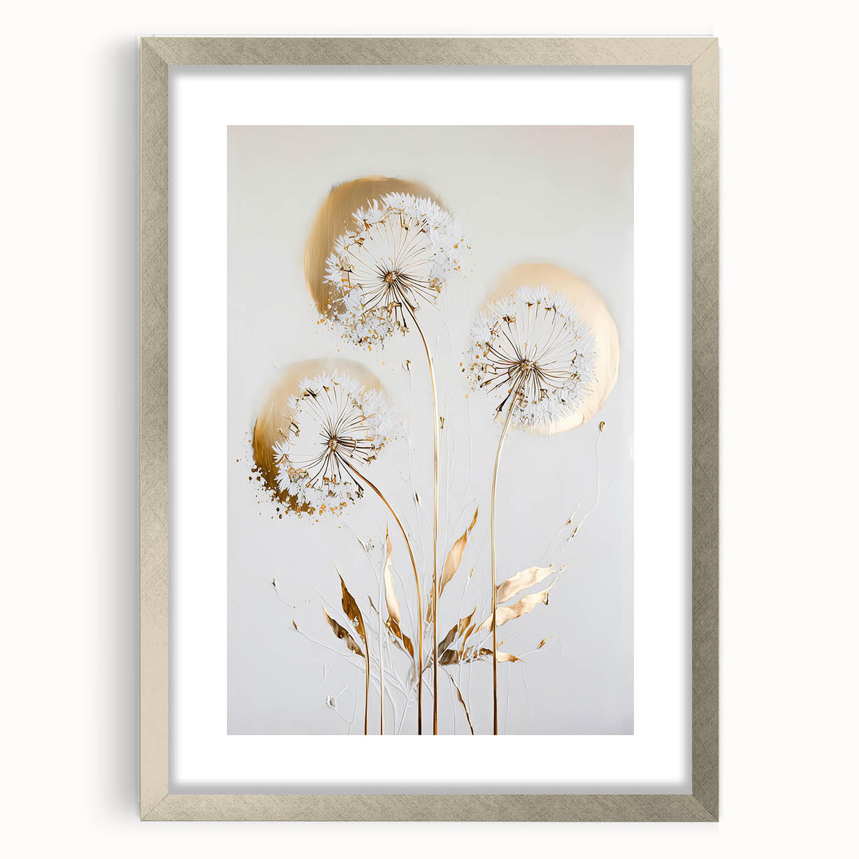 Abstract floral frame with a silver mat, showcasing vibrant colors and intricate designs, ideal for modern home decor or art displays. Perfect for adding elegance to any space.