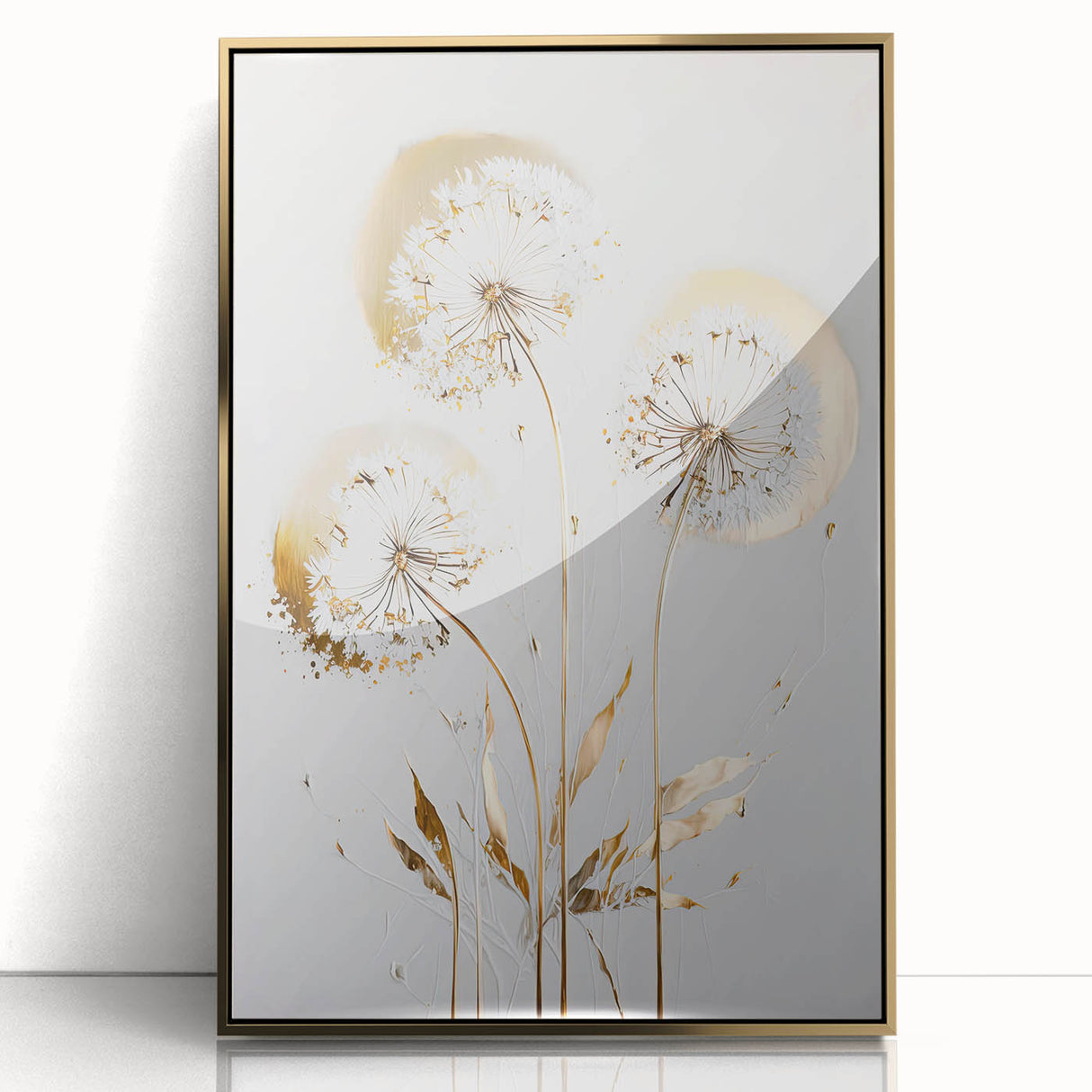 Framed acrylic artwork showcasing a vibrant abstract floral design in gold tones, adding a touch of elegance to modern decor. Perfect for home or office spaces.