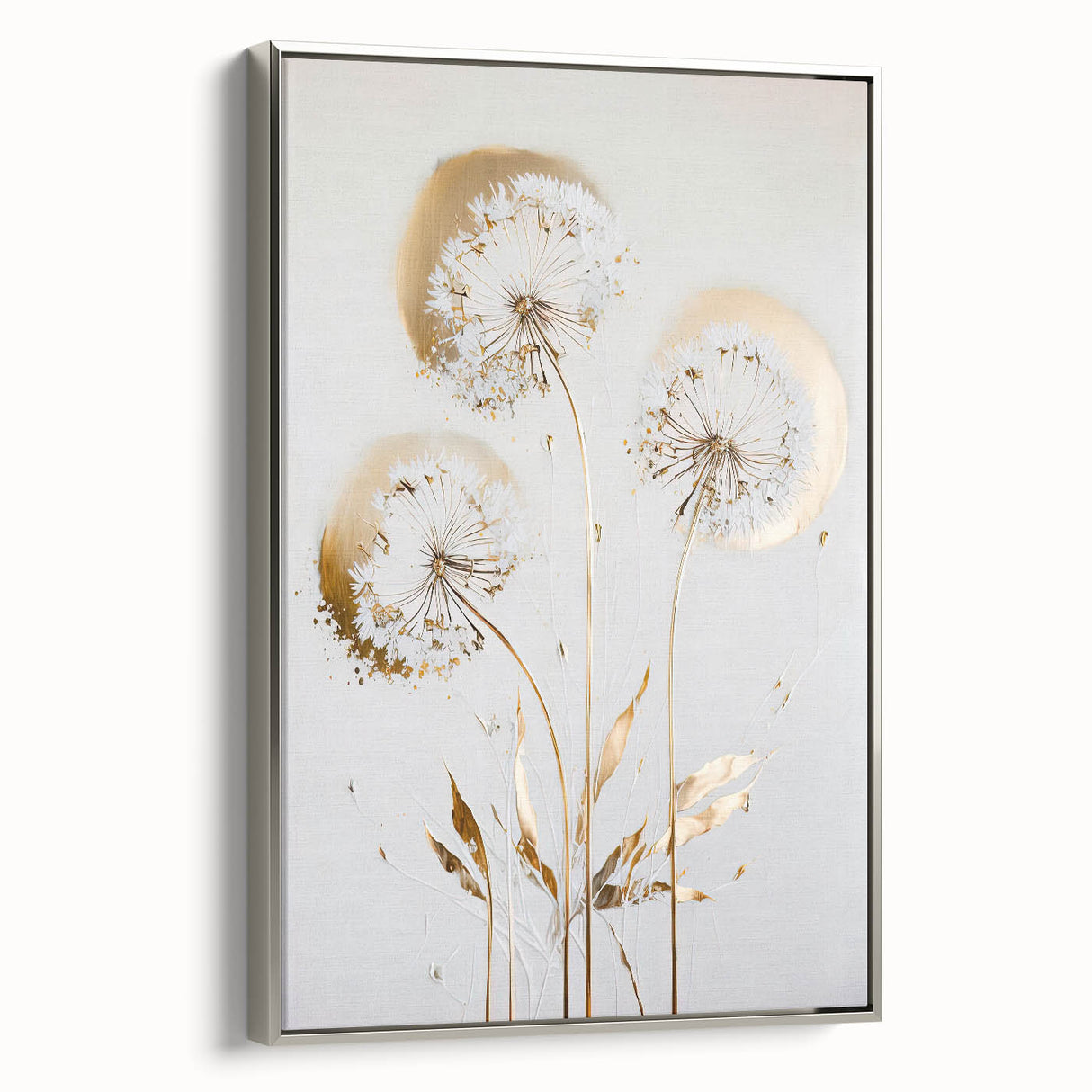 Framed canvas artwork showcasing an abstract floral design with vibrant colors and intricate details, featuring a sleek silver frame that enhances its elegance. Perfect for modern home decor, this piece adds a touch of sophistication to any room.