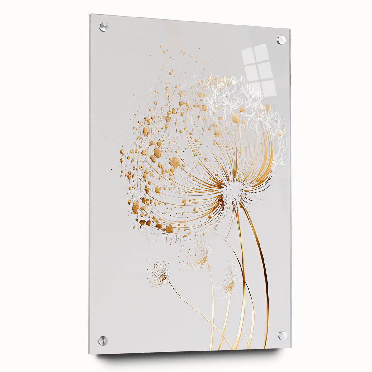 Abstract floral design on acrylic glass, showcasing vibrant colors and intricate patterns, presented in a side view with decorative pins for mounting. Ideal for modern home decor enthusiasts.