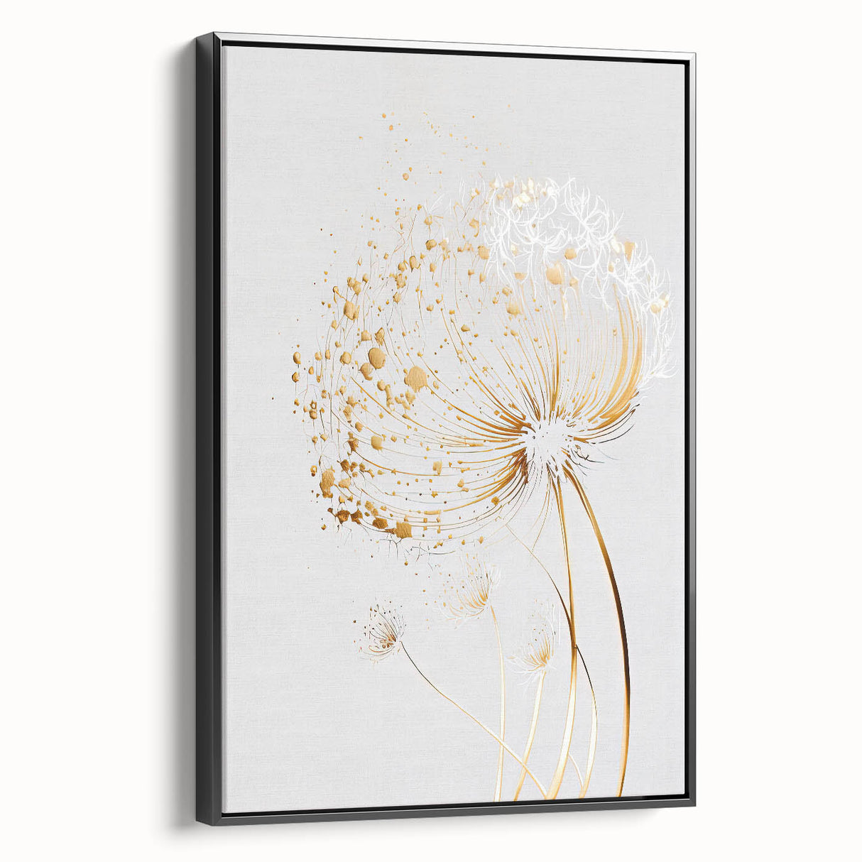 Framed canvas artwork displaying an abstract floral design with vibrant colors, set against a sleek black frame, ideal for modern home decor.
