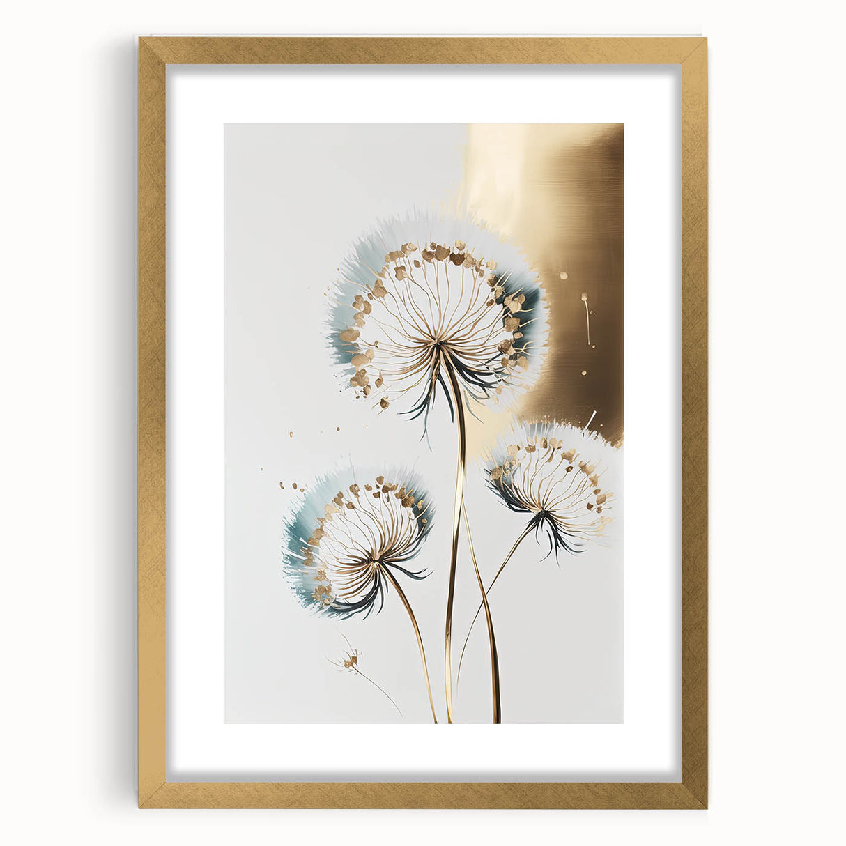 Abstract floral artwork framed in a gold matte, showcasing vibrant colors and intricate design elements, perfect for enhancing modern home decor.