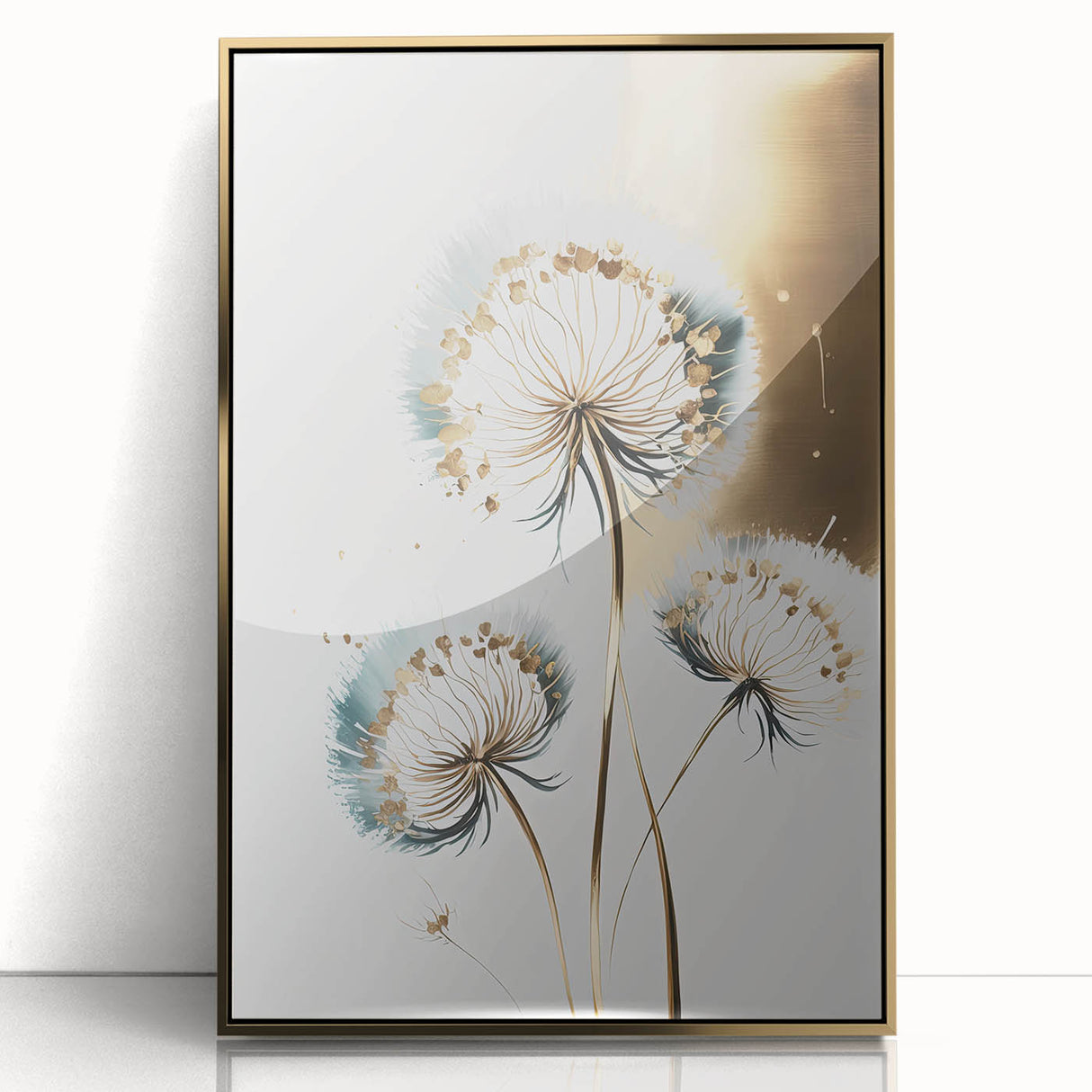 Framed abstract floral artwork in a gold-accented acrylic display, showcasing vibrant colors and intricate patterns, perfect for modern home decor.