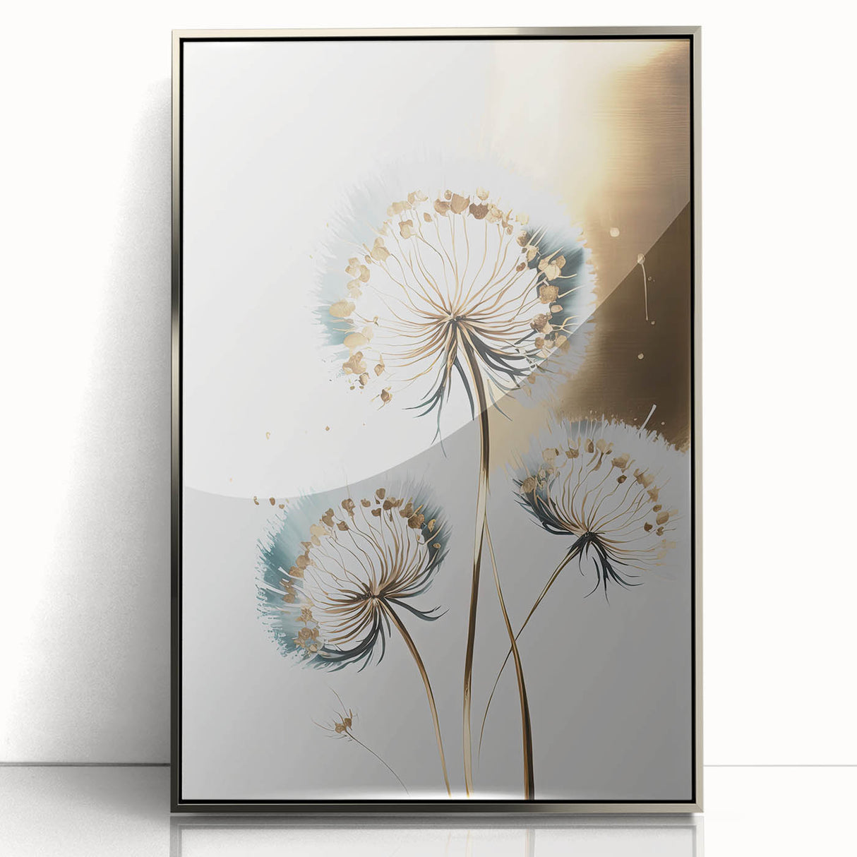 Framed acrylic artwork showcasing an abstract floral design with silver accents, perfect for modern home decor. Ideal for adding a touch of elegance to any room.