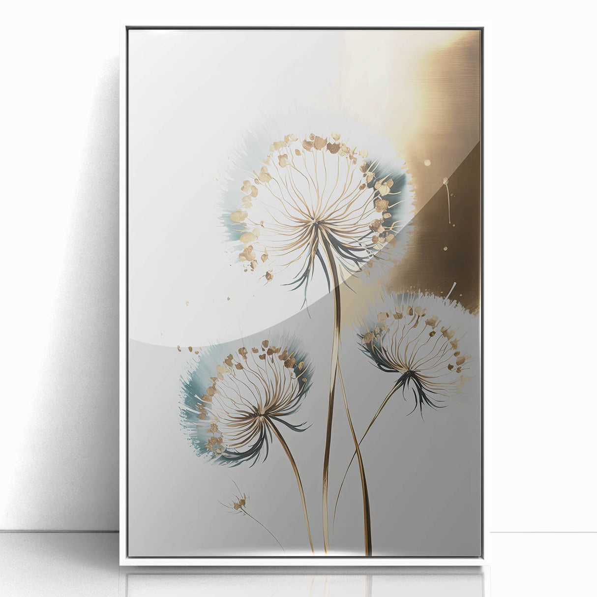 Framed acrylic artwork showcasing a vibrant abstract floral design in shades of pink, blue, and green, set against a sleek white background, perfect for modern home decor.