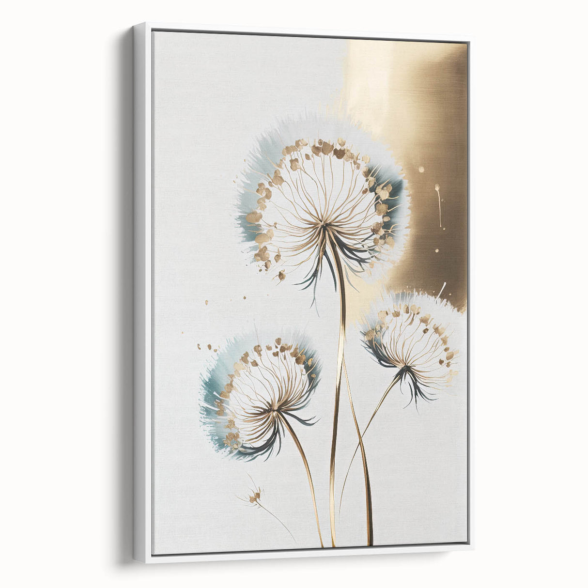 Framed canvas showcasing an abstract floral design in soft pastel colors, presented in a sleek white frame with a side view perspective, ideal for modern home decor.