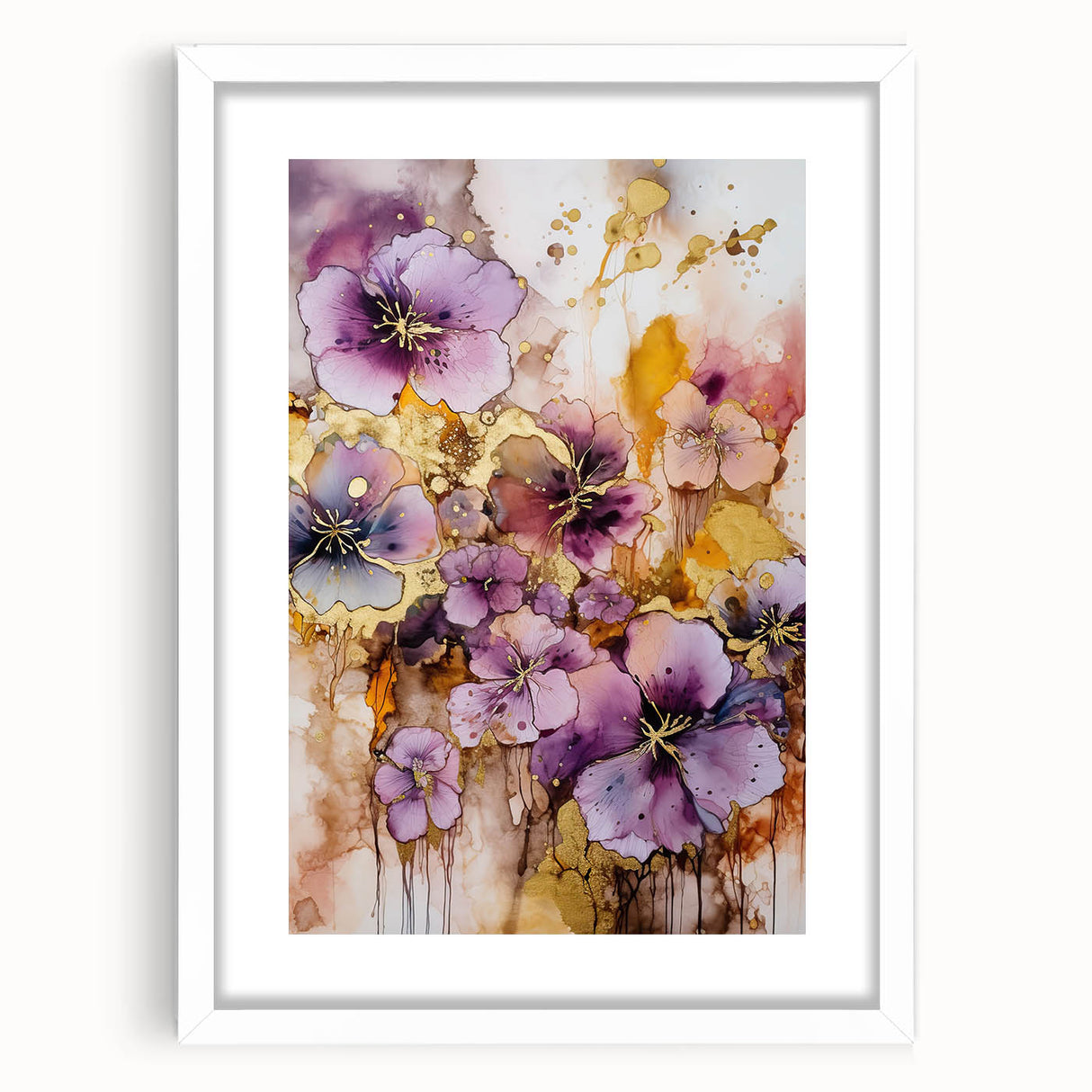 Abstract floral art print framed in white with a mat, showcasing vibrant colors and intricate designs, perfect for modern home decor or gallery walls.