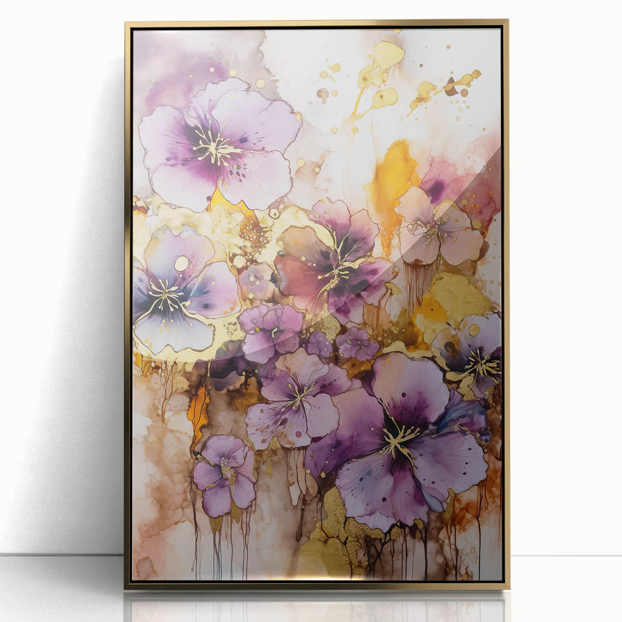 Framed acrylic artwork showcasing vibrant abstract floral designs in gold tones, perfect for modern home decor. Ideal for adding a touch of elegance to any room.