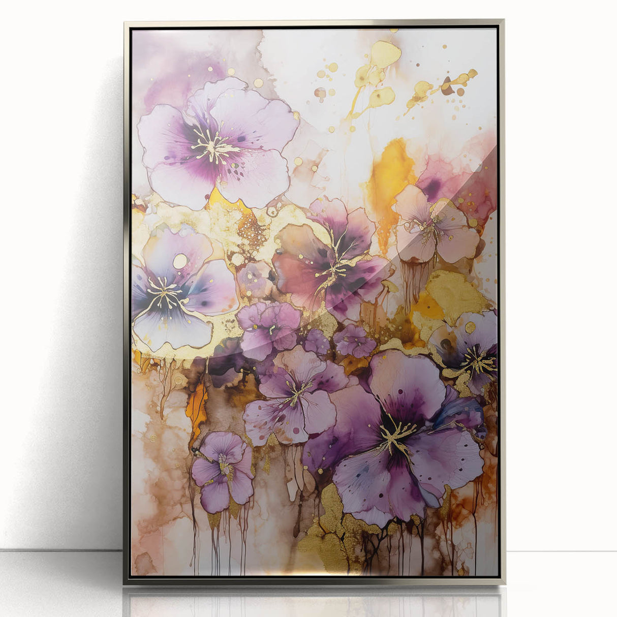 Framed acrylic artwork featuring a vibrant abstract floral design in silver tones, elegantly displayed against a white background, ideal for modern home decor.