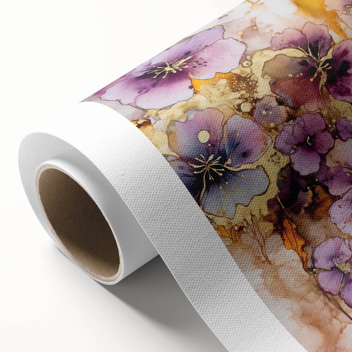 Abstract floral artwork on rolled canvas featuring vibrant colors and intricate details, elegantly packaged in a protective cardboard tube, perfect for home decor.