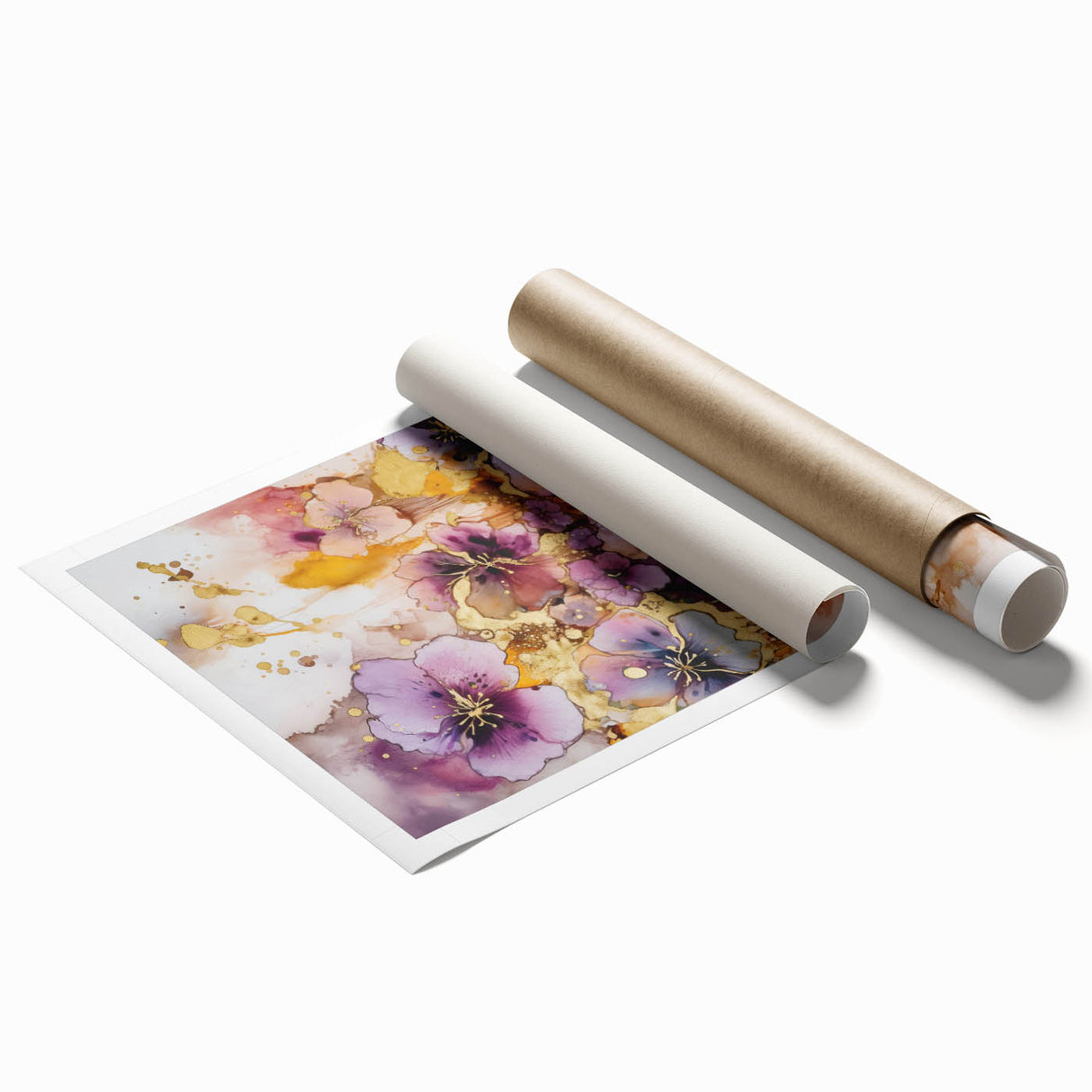 Abstract floral design canvas print showcasing vibrant colors and intricate patterns, elegantly rolled and packaged in a protective cardboard tube for easy display.