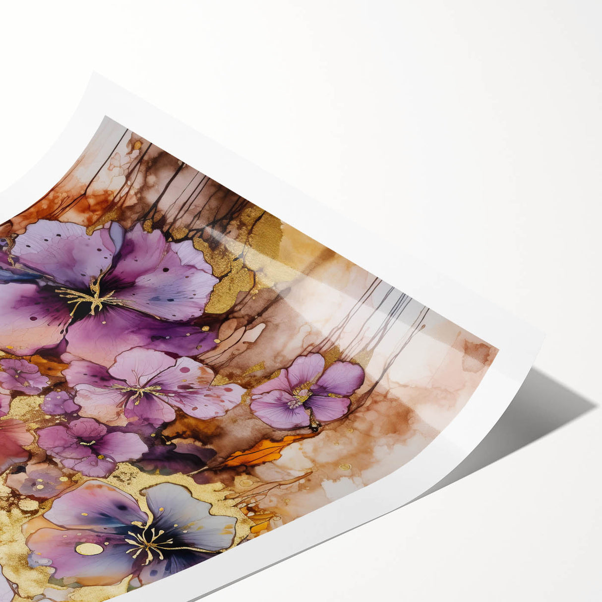 Abstract floral design print showcasing vibrant colors of pink, blue, and green, rolled for easy transport, perfect for home decor or art enthusiasts.