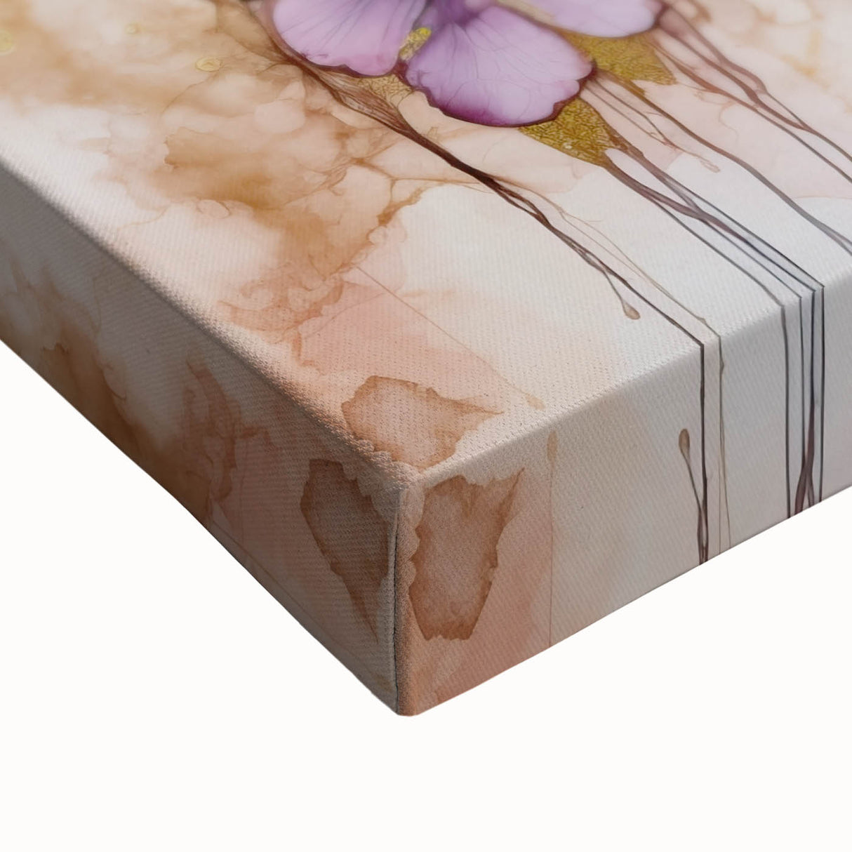 Close-up view of an abstract floral stretched canvas artwork showcasing vibrant colors and intricate patterns, perfect for modern home decor or art enthusiasts.