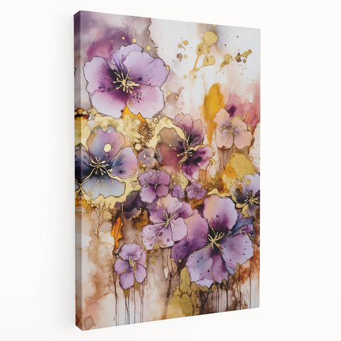 Side view of an abstract floral stretched canvas artwork showcasing vibrant colors and intricate designs, ideal for home decor and modern aesthetics.