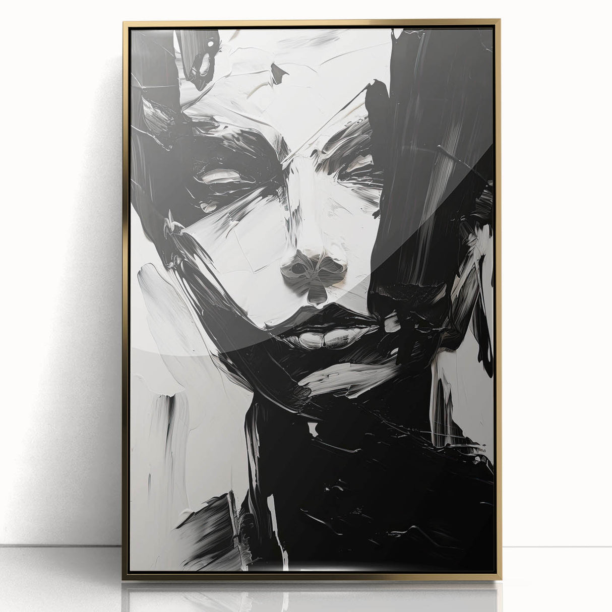 Framed abstract minimalist wall art featuring a gold-accented design on acrylic, showcasing a sleek front view perfect for modern decor. Ideal for enhancing contemporary interiors with a touch of elegance.