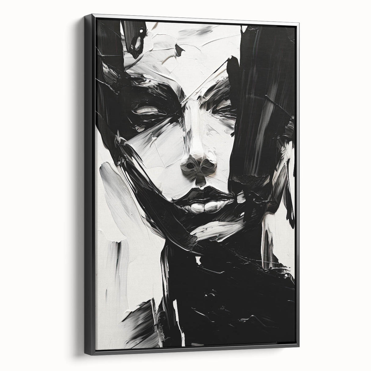 Framed abstract minimalist wall art in black, showcasing a modern design with clean lines and a sleek profile, perfect for contemporary home decor.