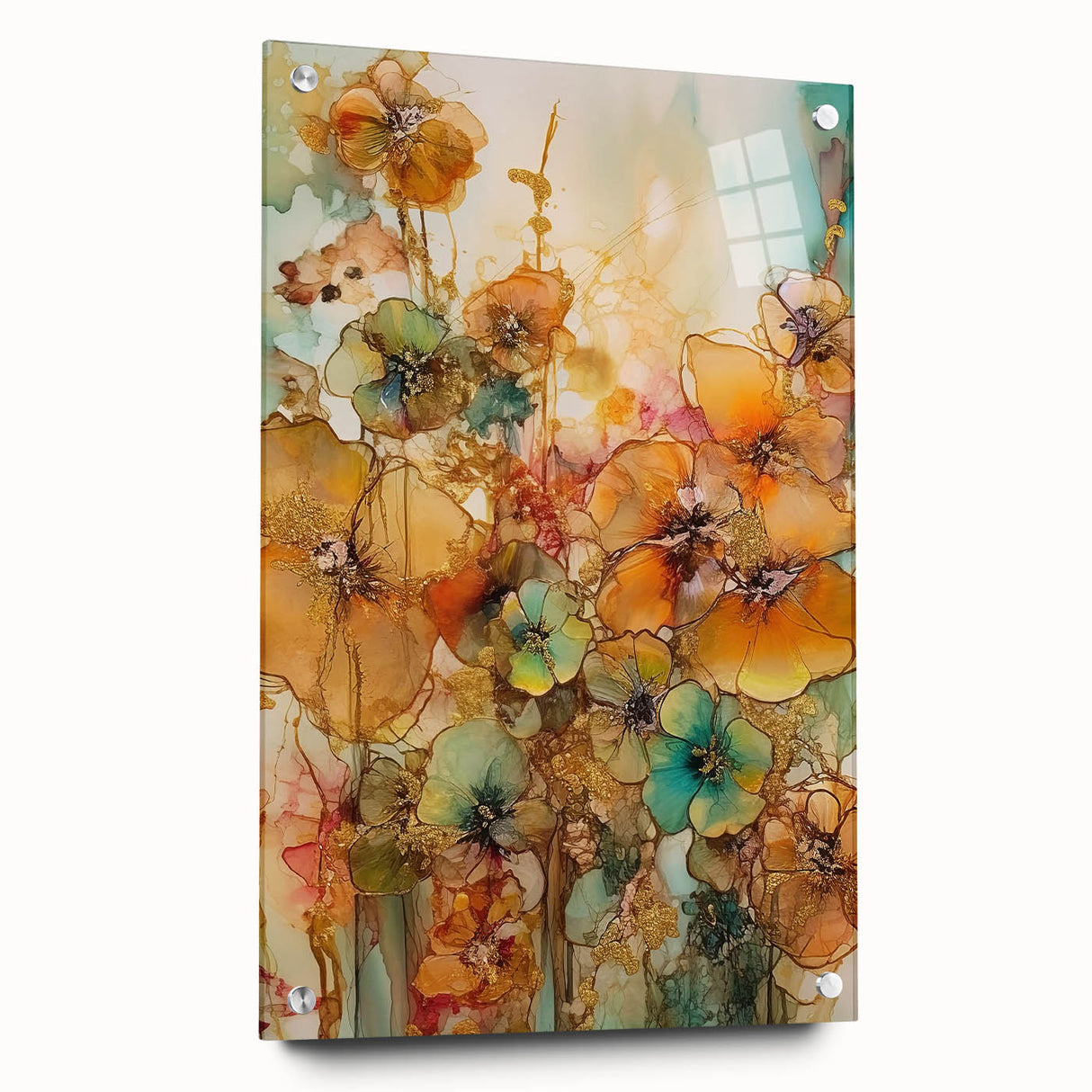 Abstract floral acrylic artwork displayed in a side view, showcasing vibrant colors and intricate details. The piece features a modern design with pins for mounting, perfect for contemporary home decor. Ideal for art enthusiasts seeking unique wall adornments.
