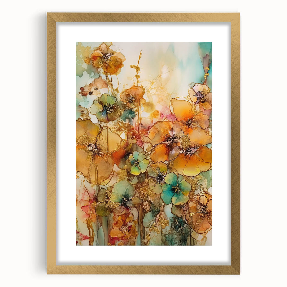 Elegant abstract floral art framed in gold, showcasing vibrant colors and intricate details, perfect for home decor or as a statement piece in any room.