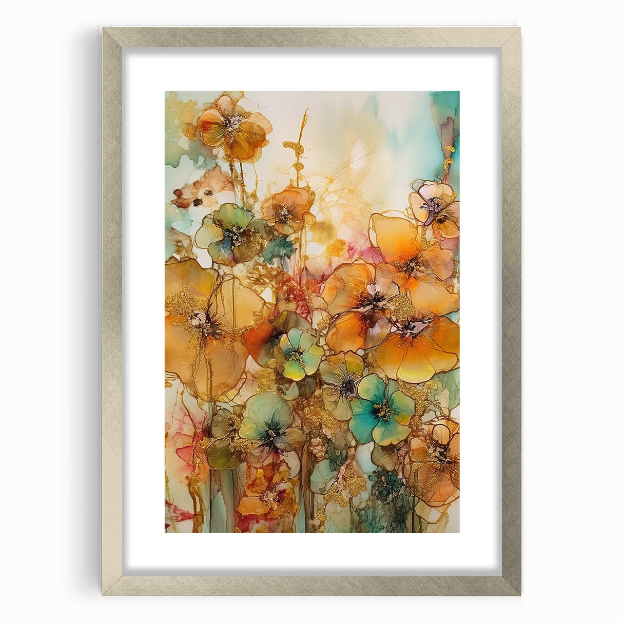 Abstract floral design framed in silver, showcasing vibrant colors and intricate details. Ideal for modern decor, enhancing any living space or gallery.