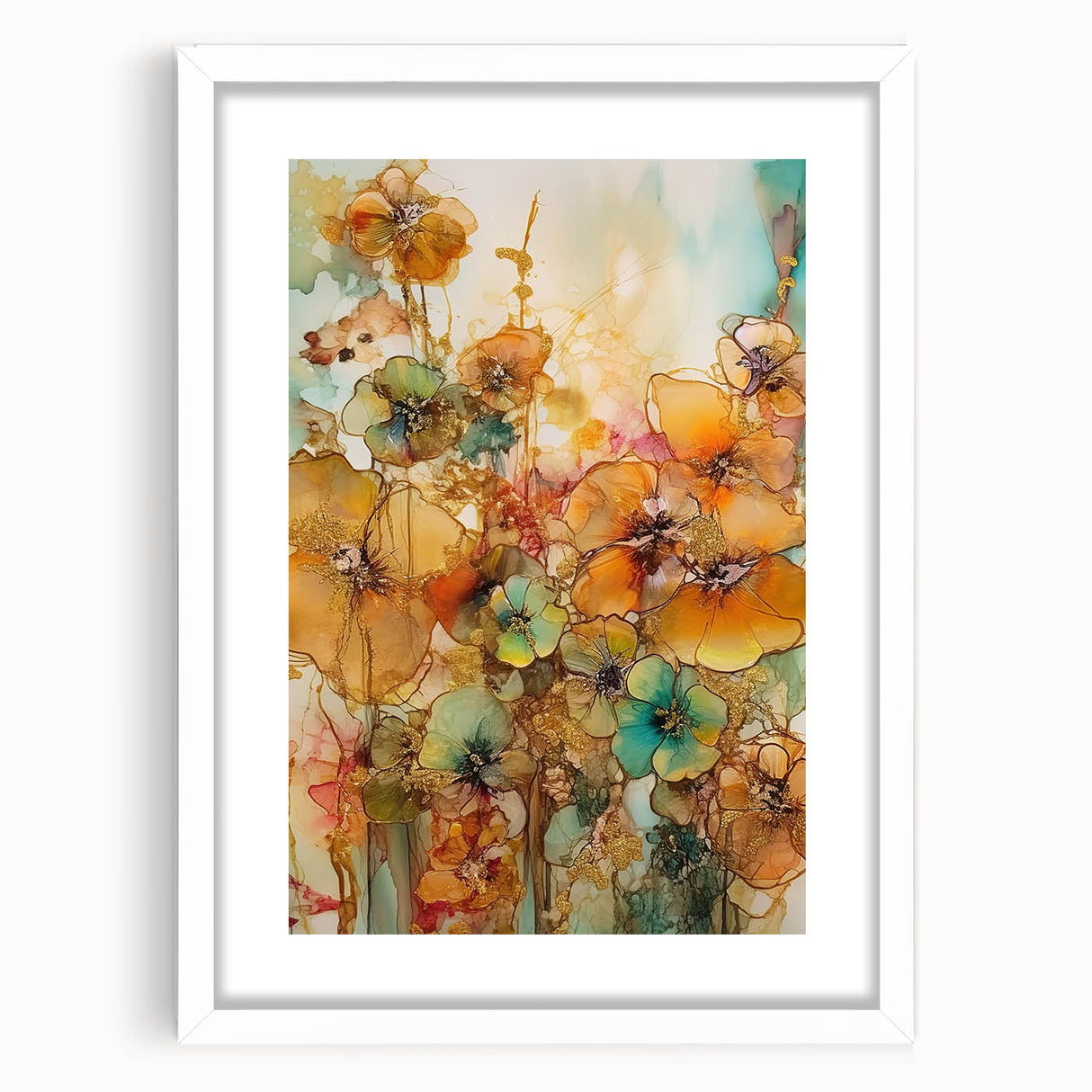 Abstract floral art print framed with a white mat, showcasing vibrant colors and intricate designs, perfect for enhancing home decor in modern settings.