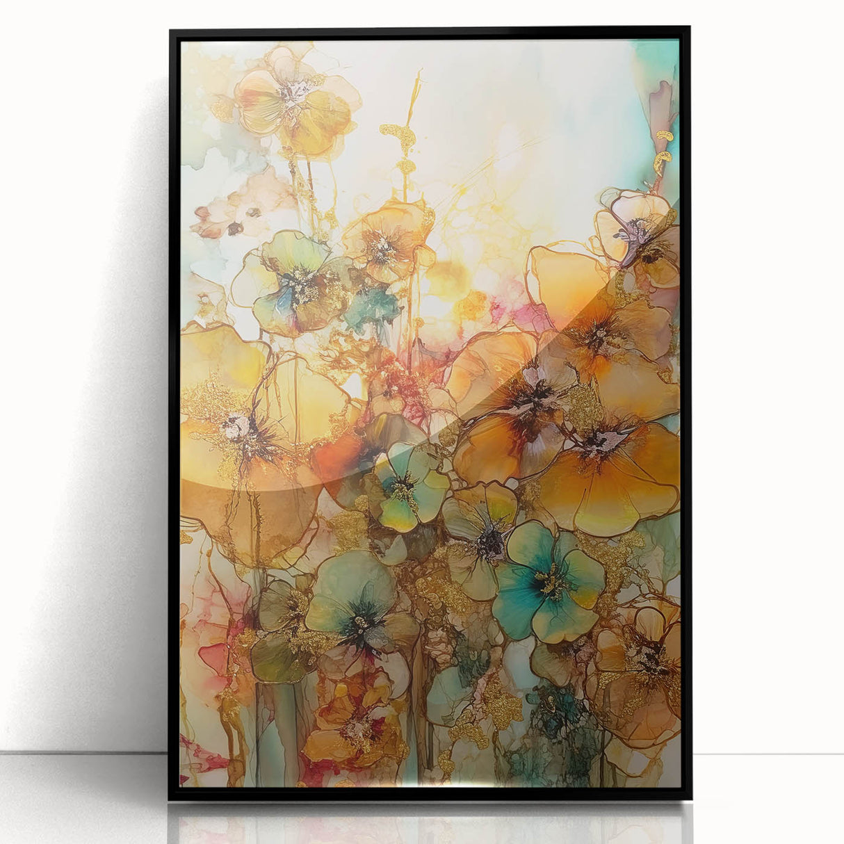 Framed acrylic artwork showcasing vibrant abstract floral designs with a sleek black border, ideal for modern home decor or office settings, enhancing aesthetic appeal.