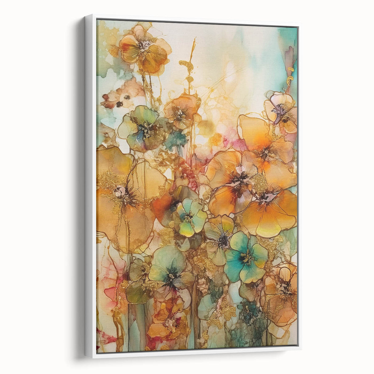 Framed canvas artwork showcasing an abstract floral design with vibrant colors, viewed from the side to highlight its depth and texture, perfect for modern home decor.