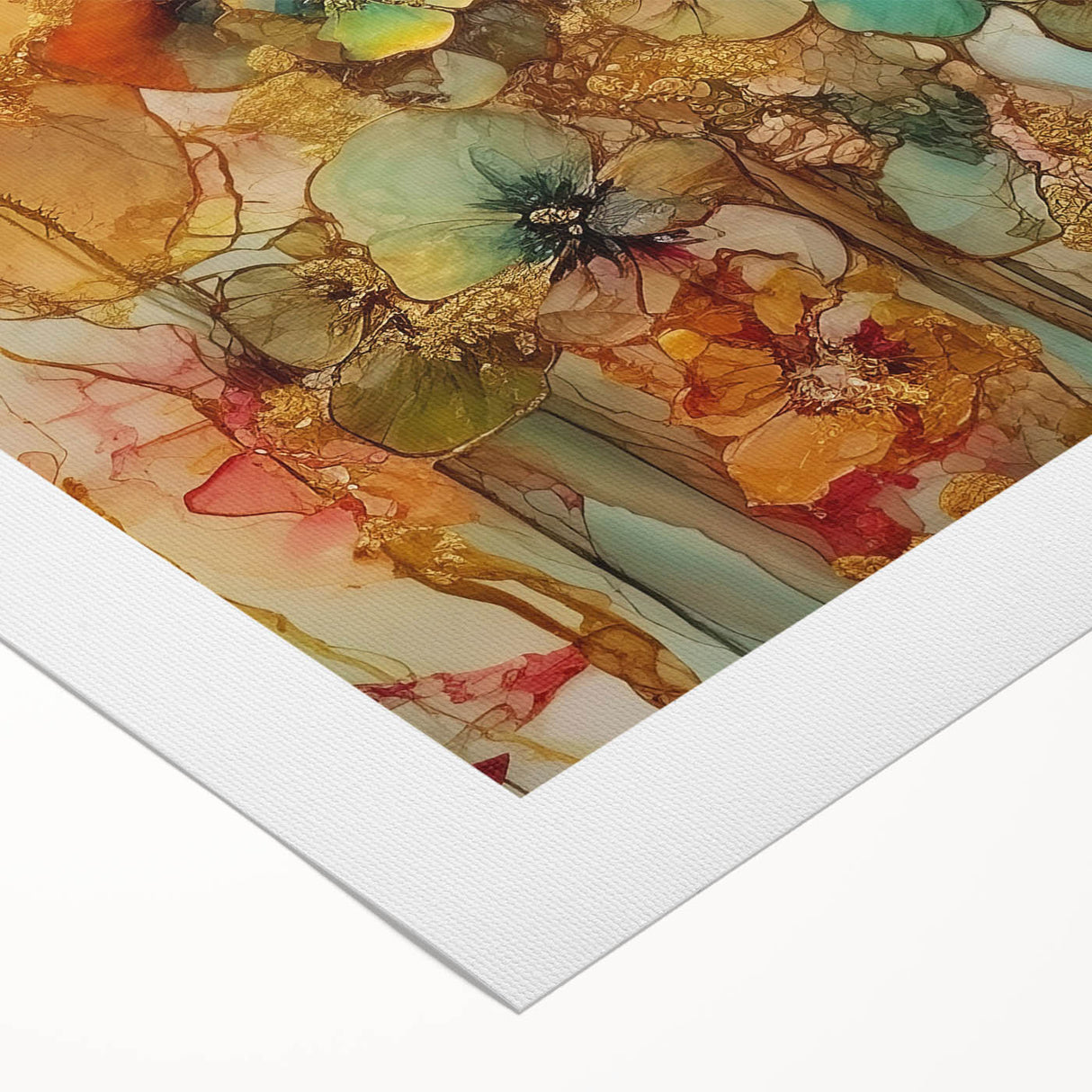 Abstract floral rolled canvas artwork showcasing vibrant colors and intricate patterns, perfect for modern home decor. The design features bold hues of pink, blue, and green, creating a lively and elegant aesthetic. Ideal for enhancing interior spaces with a touch of creativity and style.