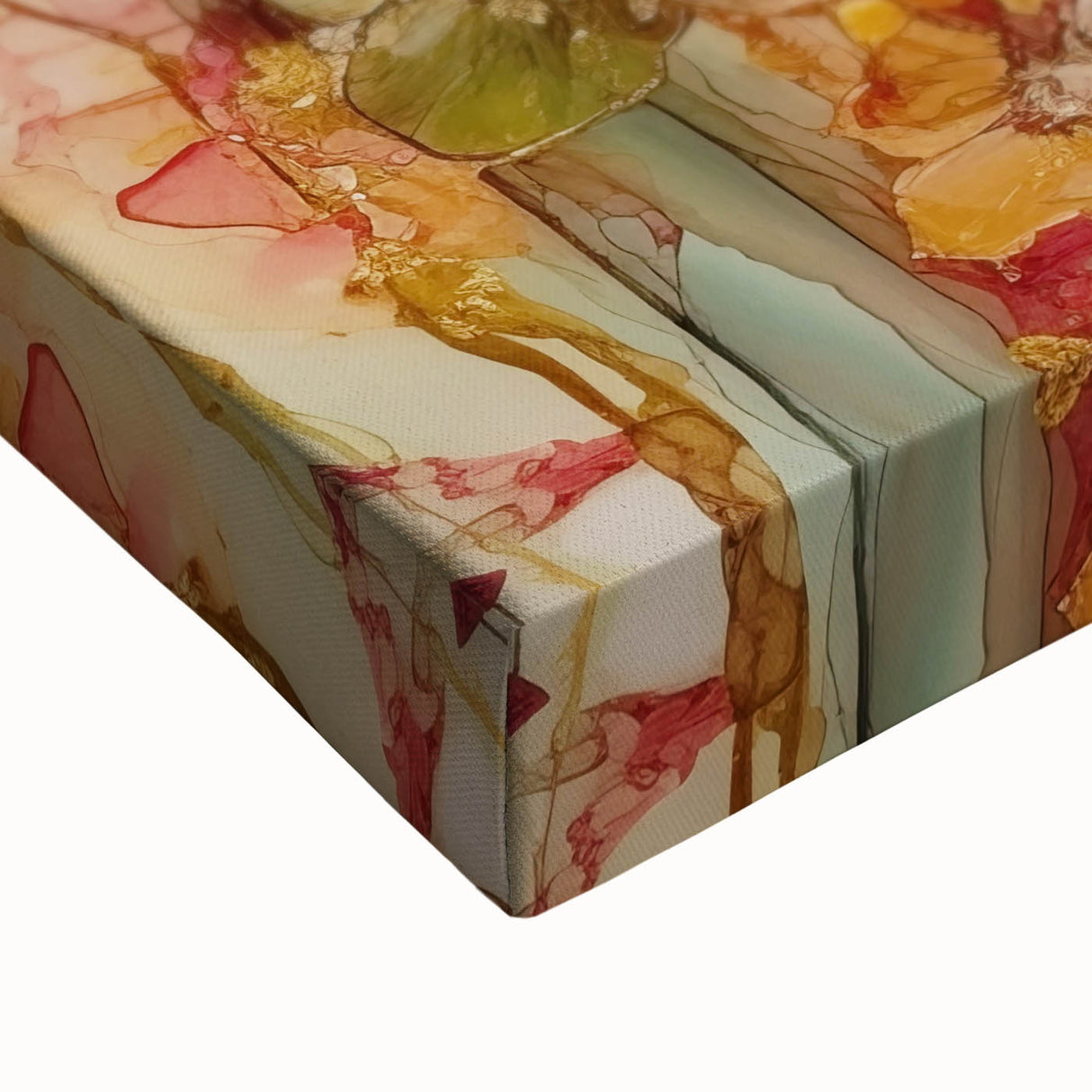 Close-up of a vibrant abstract floral canvas artwork showcasing intricate brush strokes and a rich color palette of blues, pinks, and greens, ideal for modern decor.