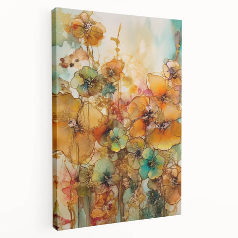 Abstract floral stretched canvas artwork showcasing vibrant colors and intricate patterns, displayed in a side view to highlight its depth and texture. Perfect for modern home decor.
