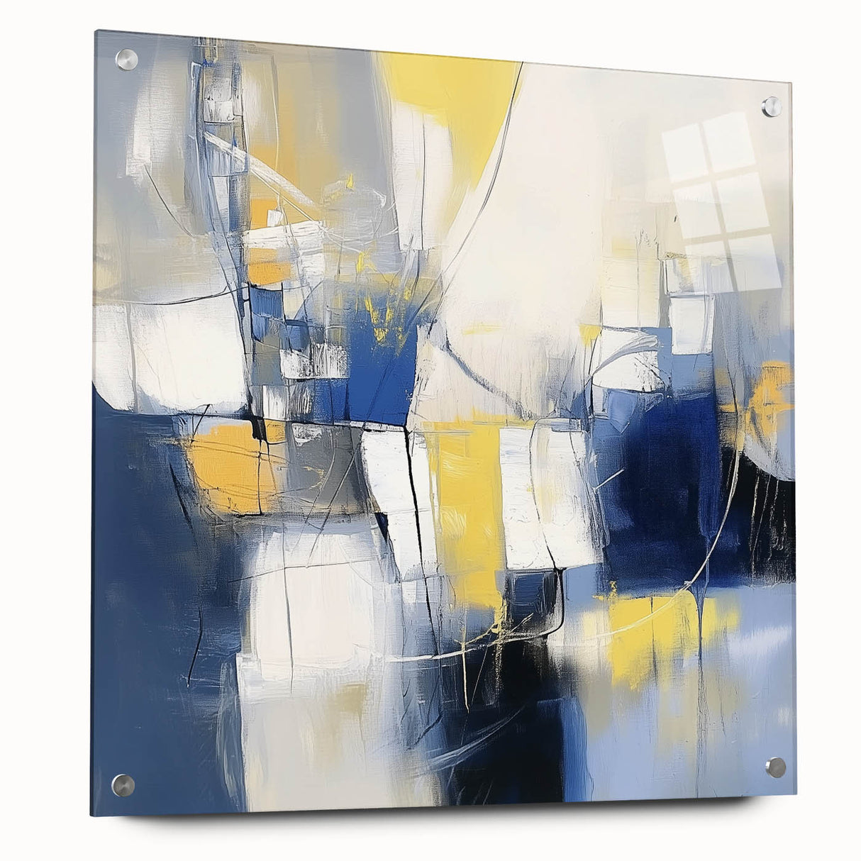 Colorful Abstract Wall Art – Navy, Yellow & White Geometric Canvas
