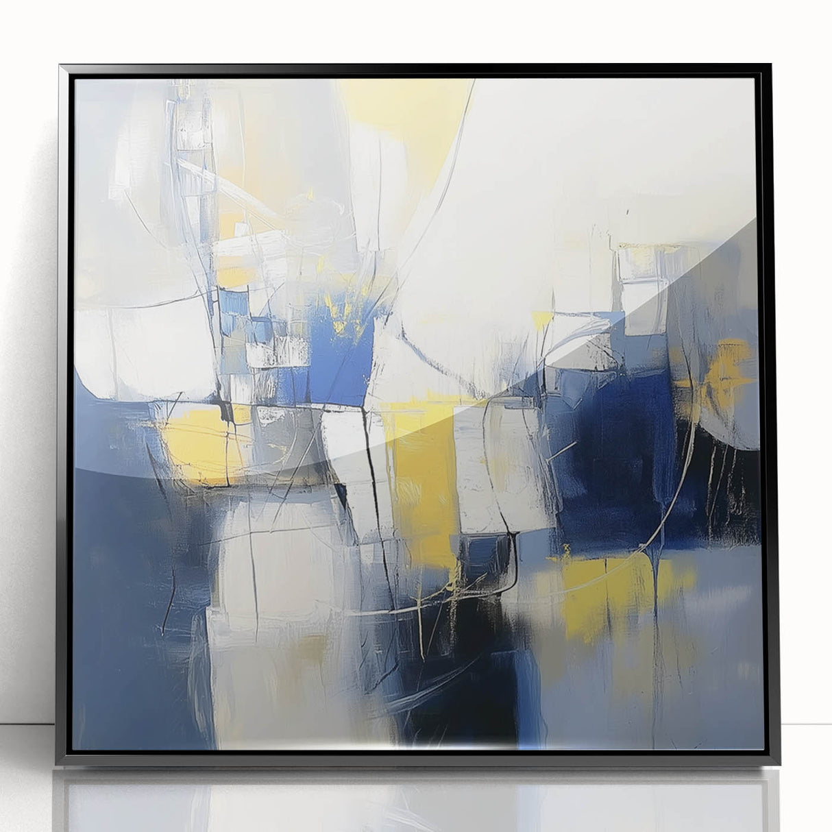 Colorful Abstract Wall Art – Navy, Yellow & White Geometric Canvas